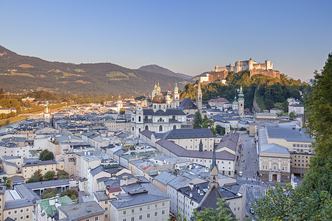 View over the historic old town with fortress Hohensalzburg, Salzburg, Austria, Europe