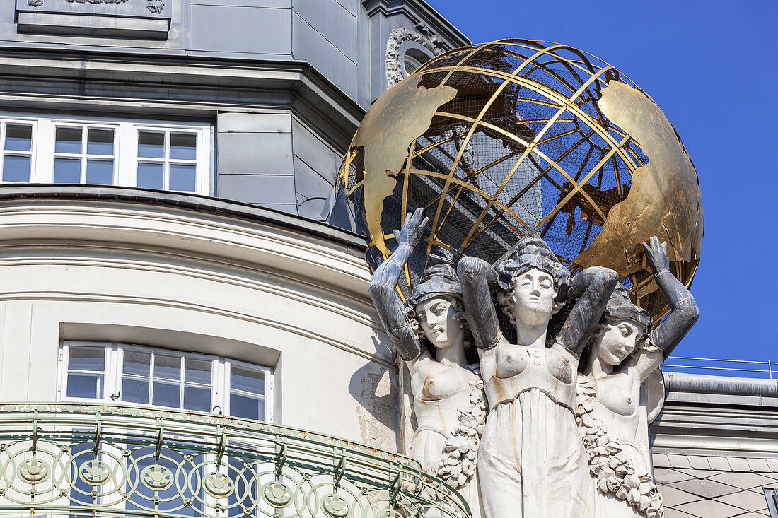 Sculpture with globe in front of palace Palais des Beaux Arts, Weißgerber district in Vienna, Eastern Austria, Austria, Europe