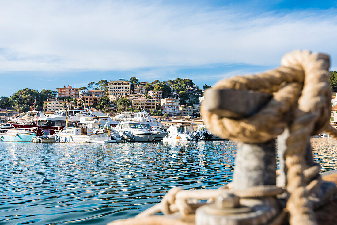 Der Hafen mit den umliegenden Wohnhäusern, Port de Sóller, Mallorca, Spanien