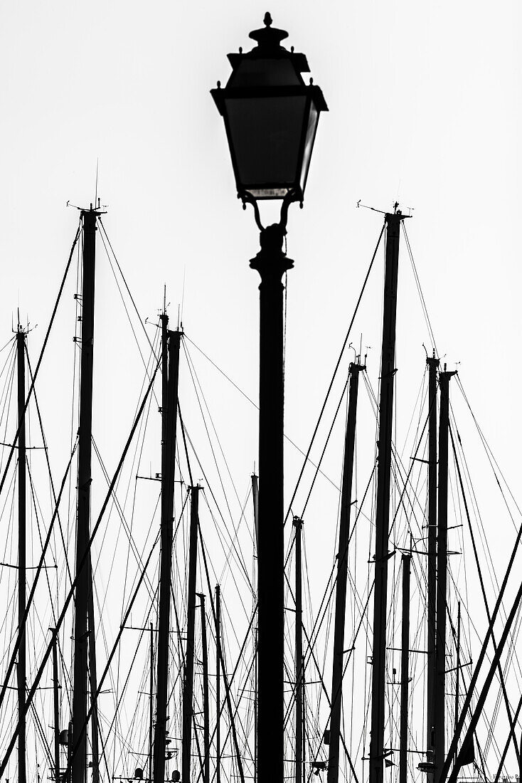 Silhouette einer Straßenlaterne und den Masten der Segelboote im Hafen, Palma de Mallorca, Mallorca, Spanien