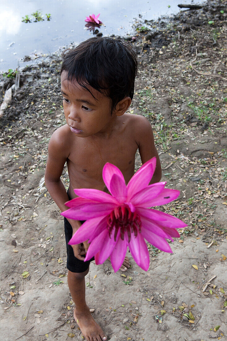 Kleiner Junge mit Lotusblume, Angkor Wat, Sieam Reap, Kambodscha
