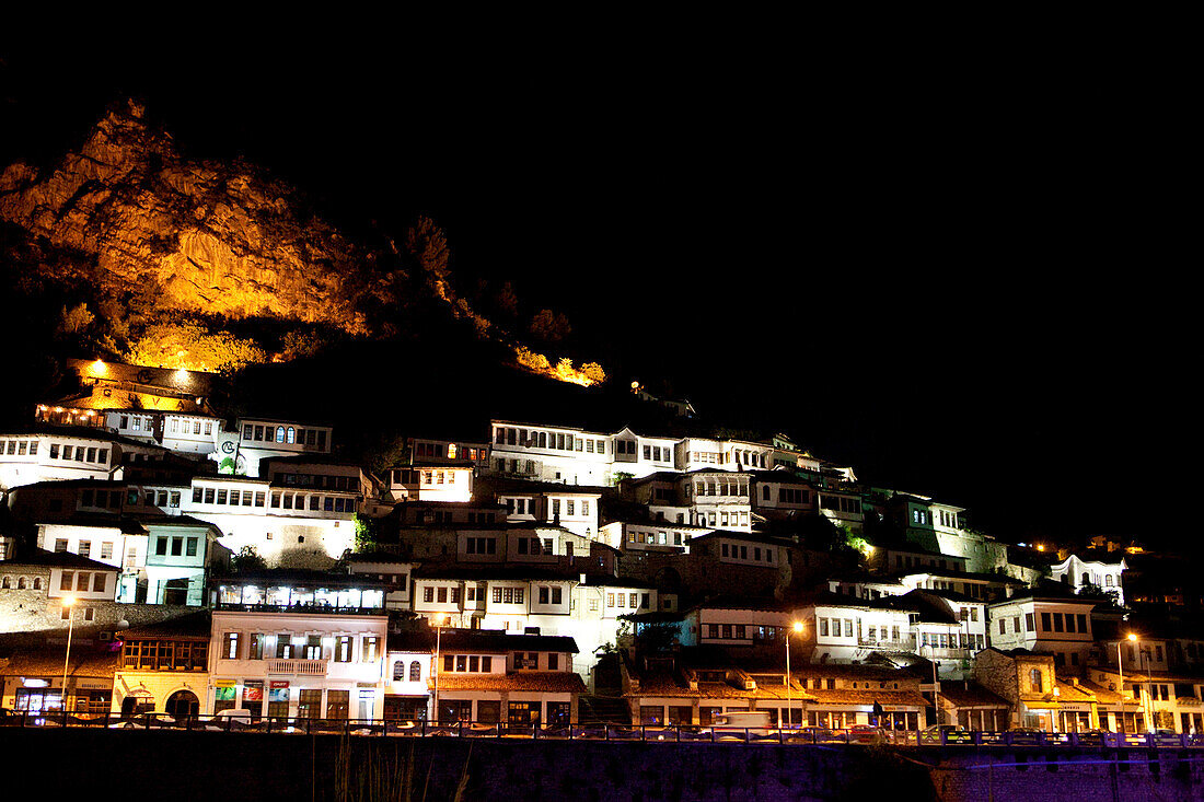 The UNESCO town of Berat seen at night, Berat, Berat, Albania