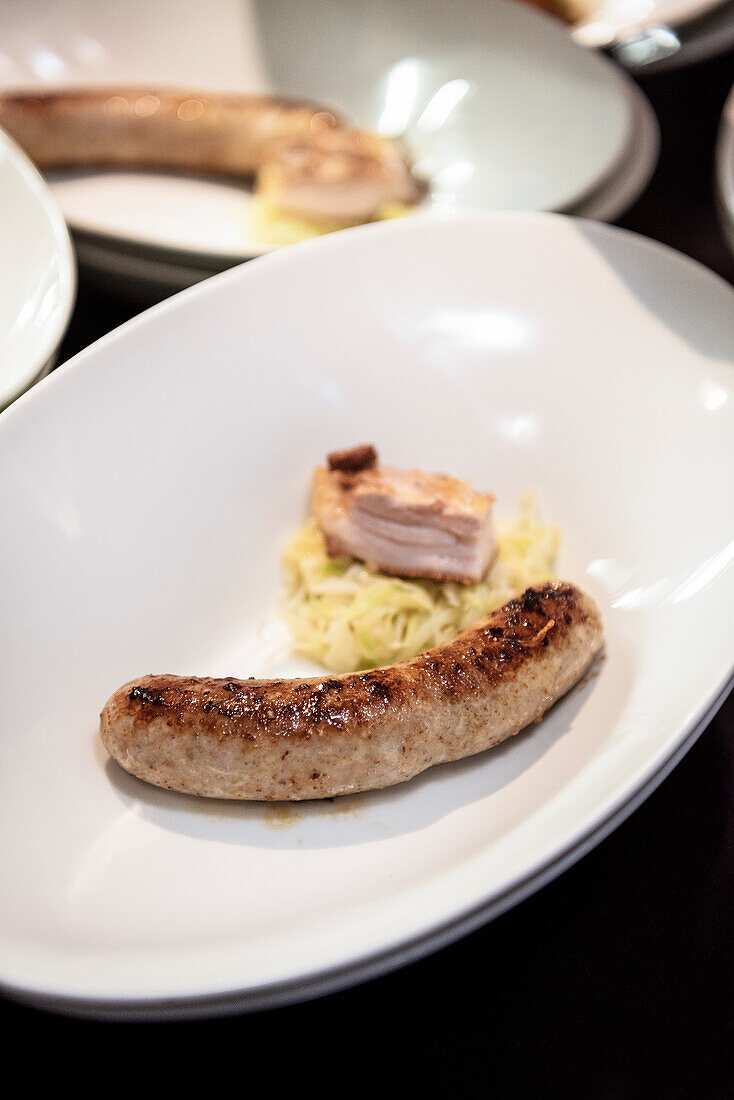 grilled selfmade sausage at cooking course at Swabian Alb, Baden-Wuerttemberg, Germany