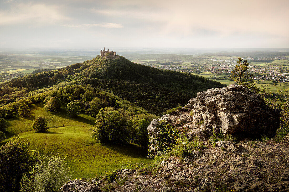 Hohenzollern castle from Zell mountain, Bisingen, Swabian Alb, Baden-Wuerttemberg, Germany