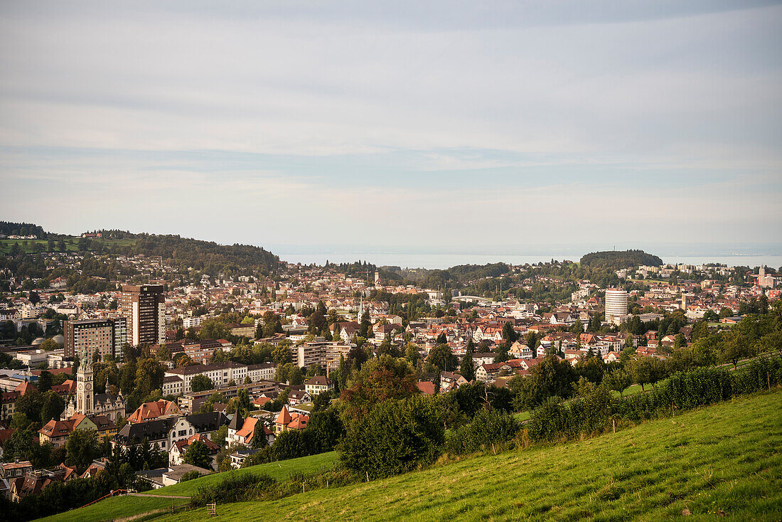 view at St. Gallen town and Lake of Constance in background, canton St. Gallen, Switzerland, Europe