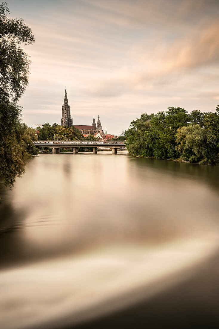 the Blue River leads into the Danube River, view towards Ulm Cathedral, Ulm, Baden-Wuerttemberg, Germany, long time exposure