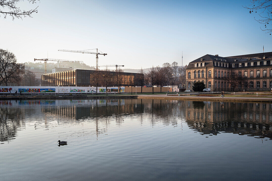 Stuttgart parliament, new castle and tv tower, Stuttgart, Baden-Wuerttemberg, Germany