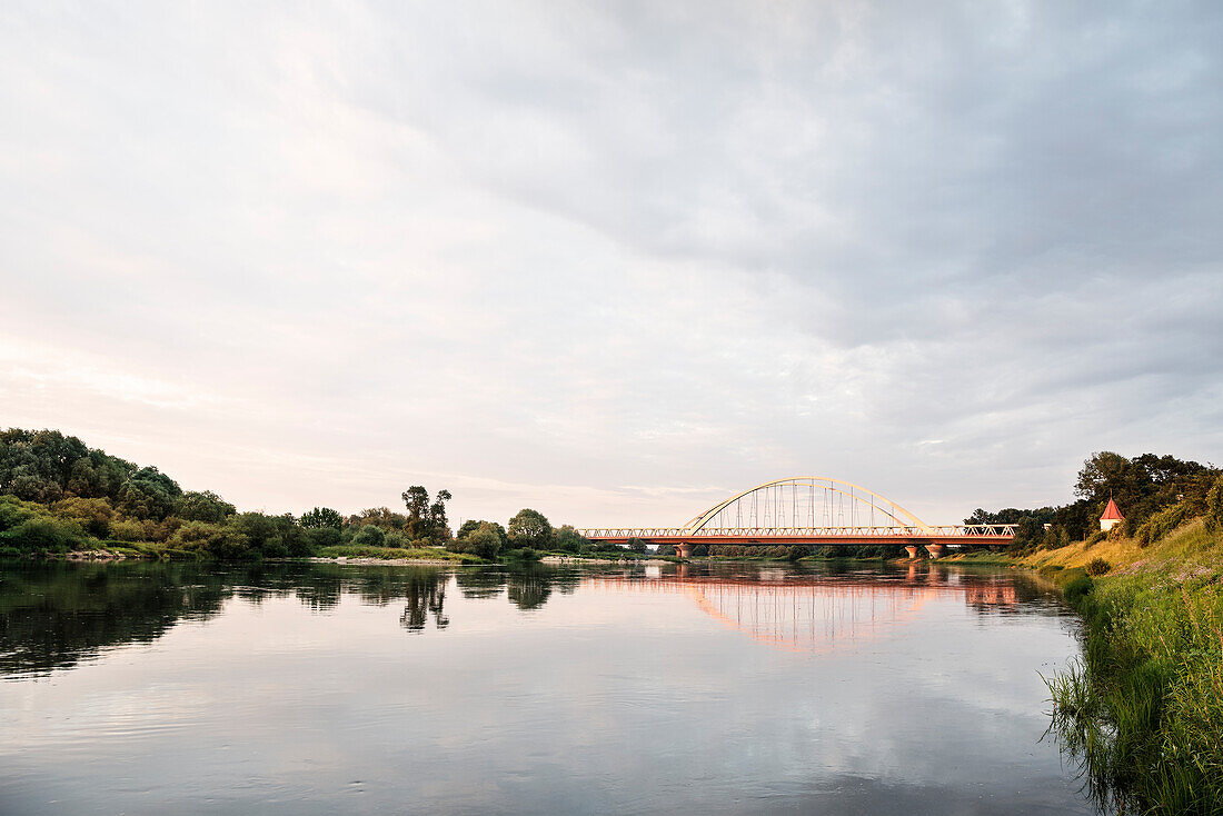 view towards Elbe river bridge at Luther town Wittenberg, Saxony-Anhalt, Germany