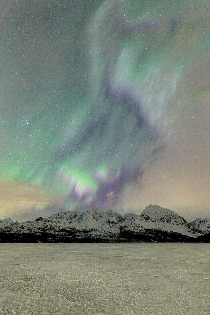 The icy lake of Jaegervatnet framed by the Northern Lights (aurora borealis) and starry sky in the polar night, Lyngen Alps, Troms, Norway, Scandinavia, Europe