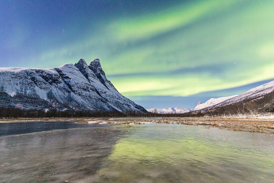 Der schneebedeckte Gipfel der Otertinden und der Nordlichter (Aurora Borealis) in der Polarnacht, Oteren, Lyngen Alpen, Troms, Norwegen, Skandinavien, Europa