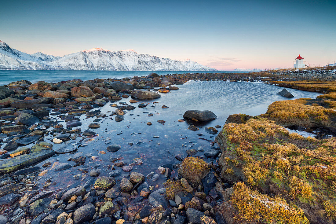 Gras und Felsen umrahmt den Leuchtturm, umgeben von gefrorenem Meer und schneebedeckten Gipfeln im Morgengrauen, Djupvik, Lyngen Alpen, Troms, Norwegen, Skandinavien, Europa
