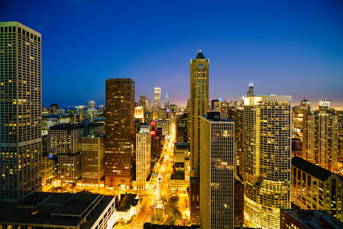 City skyline by night, Chicago, Illinois, United States of America, North America