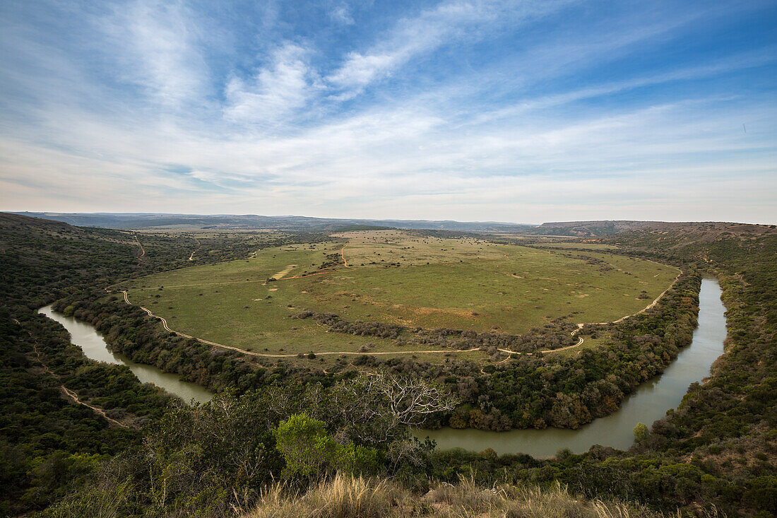 The plains of the Amakhala Game Reserve surrounded by the Bushmans River, Eastern Cape, South Africa, Africa