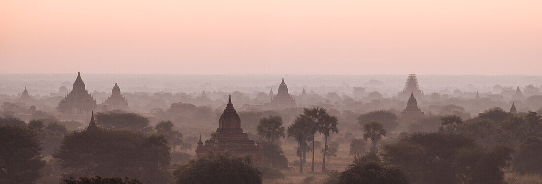 Blick auf Tempel im Morgengrauen, Bagan (Pagan), Mandalay Region, Myanmar (Burma), Asien