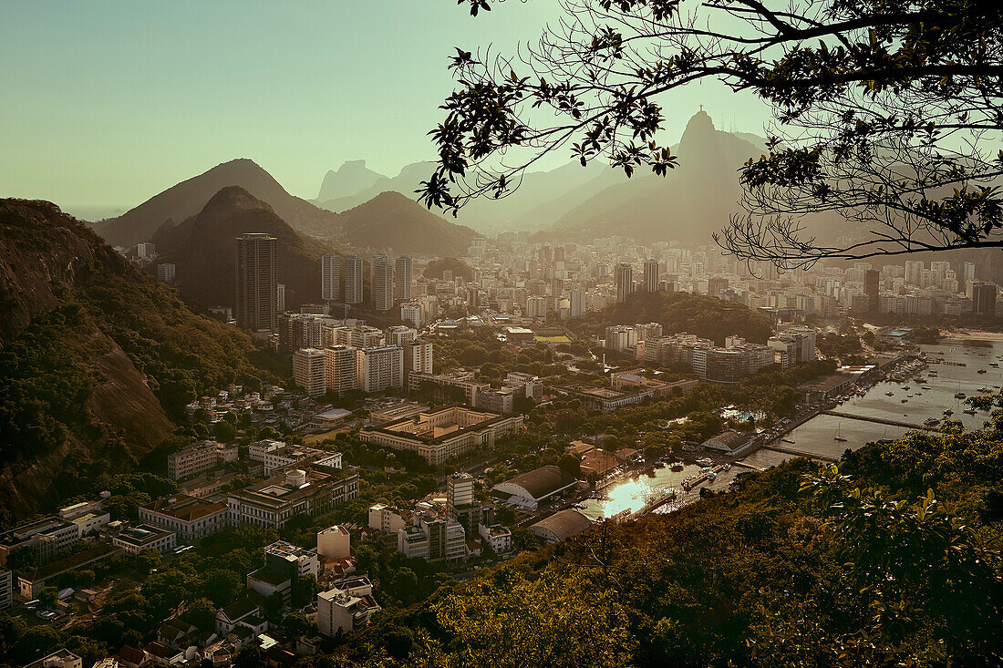 Views of Rio de Janeiro and Christ the Redeemer from Sugarloaf mountain (Pao de Acuca) at sunset, Rio de Janeiro, Brazil, South America