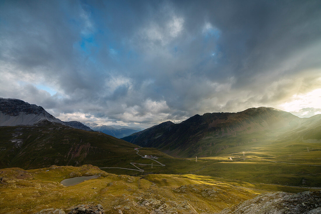 View towards Piz Umbrail from Stelvio Pass at dawn, Braulio Valley, Valtellina, Lombardy, Italy, Europe