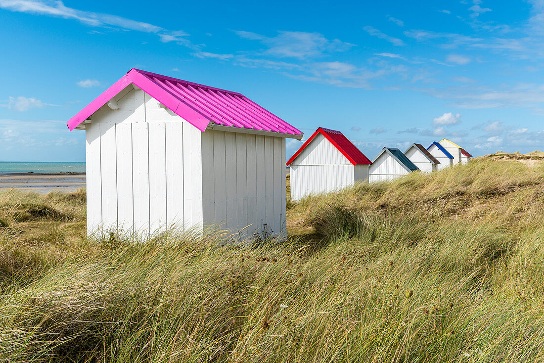 Strandhütten, Gouville-sur-Mer, Normandie, Frankreich, Europa