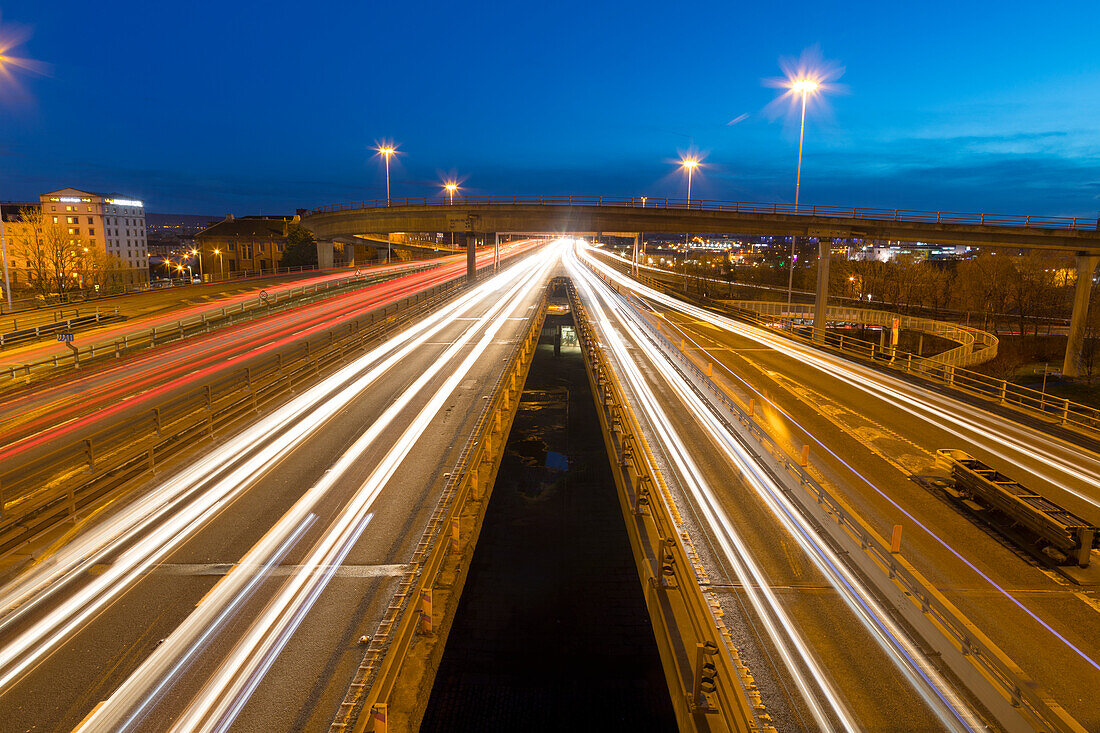 M8 Motorway trail lights, Kingston Bridge, Glasgow, Scotland, United Kingdom, Europe