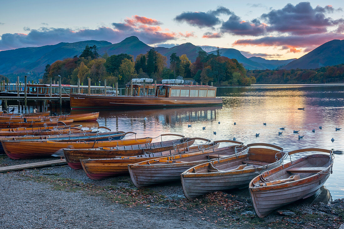 Rowing boats for hire, Keswick, Derwentwater, Lake District National Park, Cumbria, England, United Kingdom, Europe