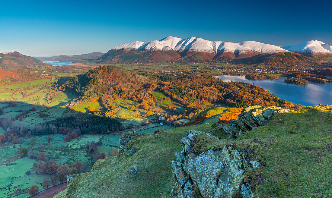 Derwentwater, Skiddaw and Blencathra mountains above Keswick, from Cat Bells, Lake District National Park, Cumbria, England, United Kingdom, Europe
