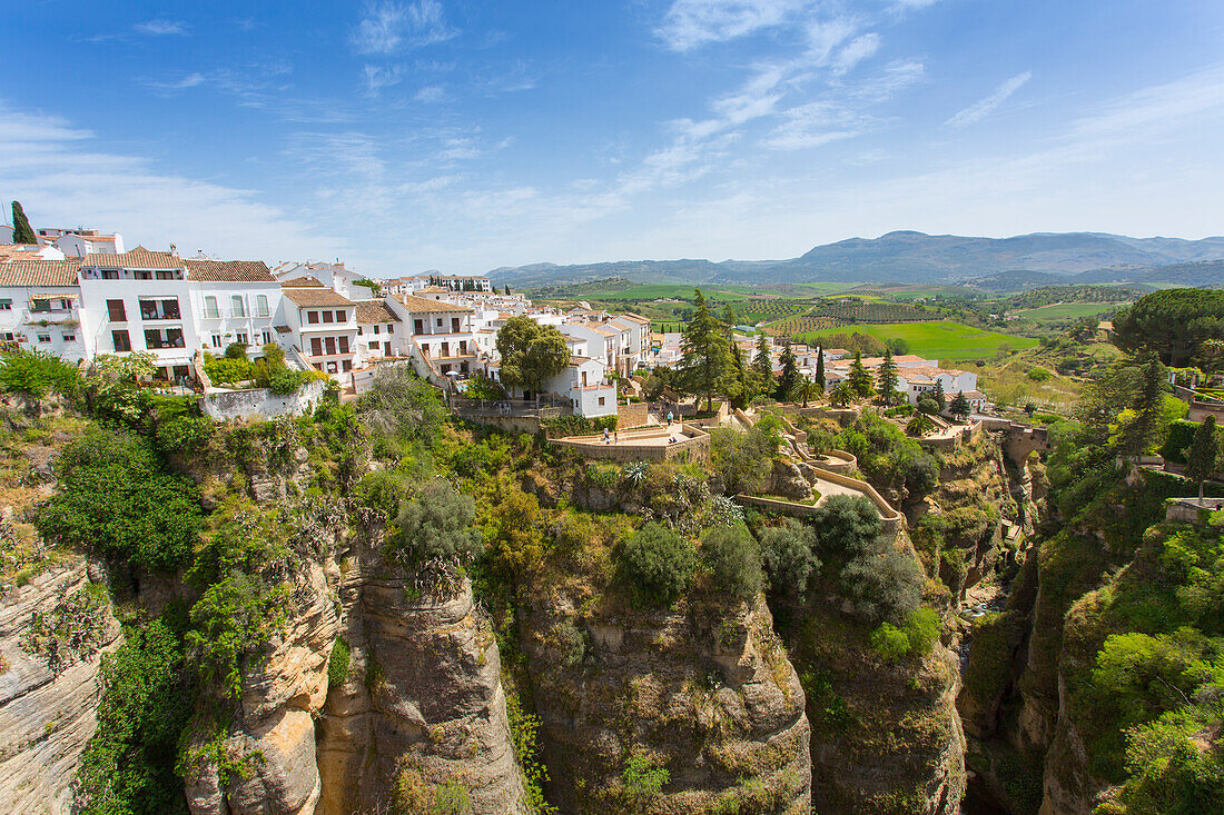 View of Ronda and Andalusian countryside from Puente Nuevo, Ronda, Andalusia, Spain, Europe