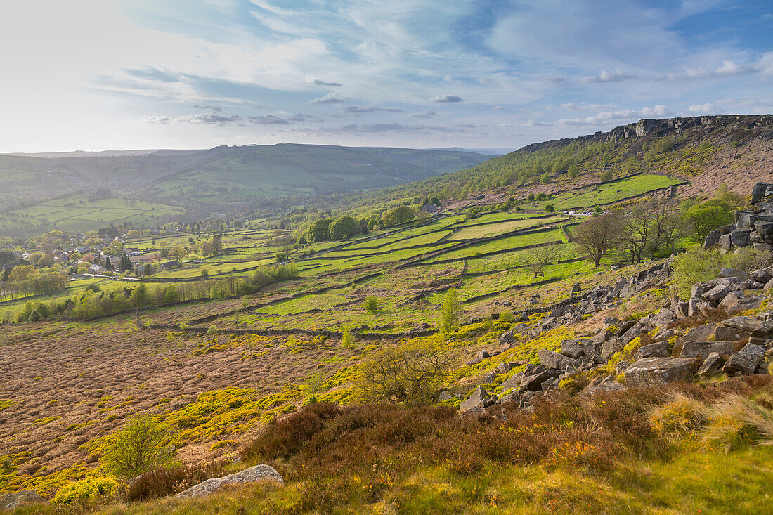 View from Baslow Edge towards Curbar Edge and Calver Village, Derbyshire Dales, Derbyshire, England, United Kingdom, Europe