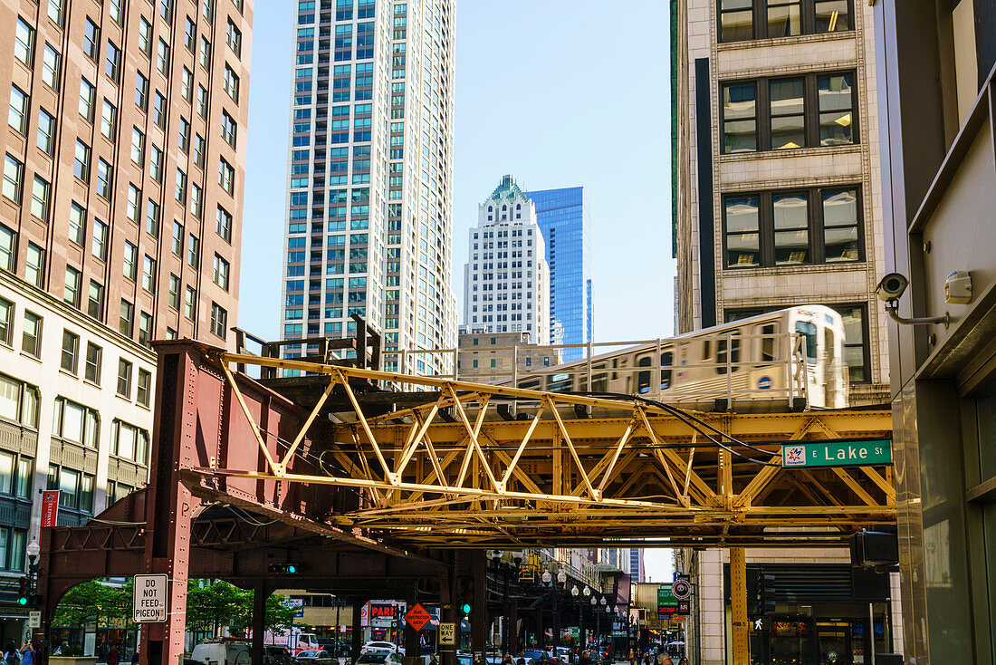 CTA train on the Loop track which runs above ground in downtown Chicago, Illinois, United States of America, North America