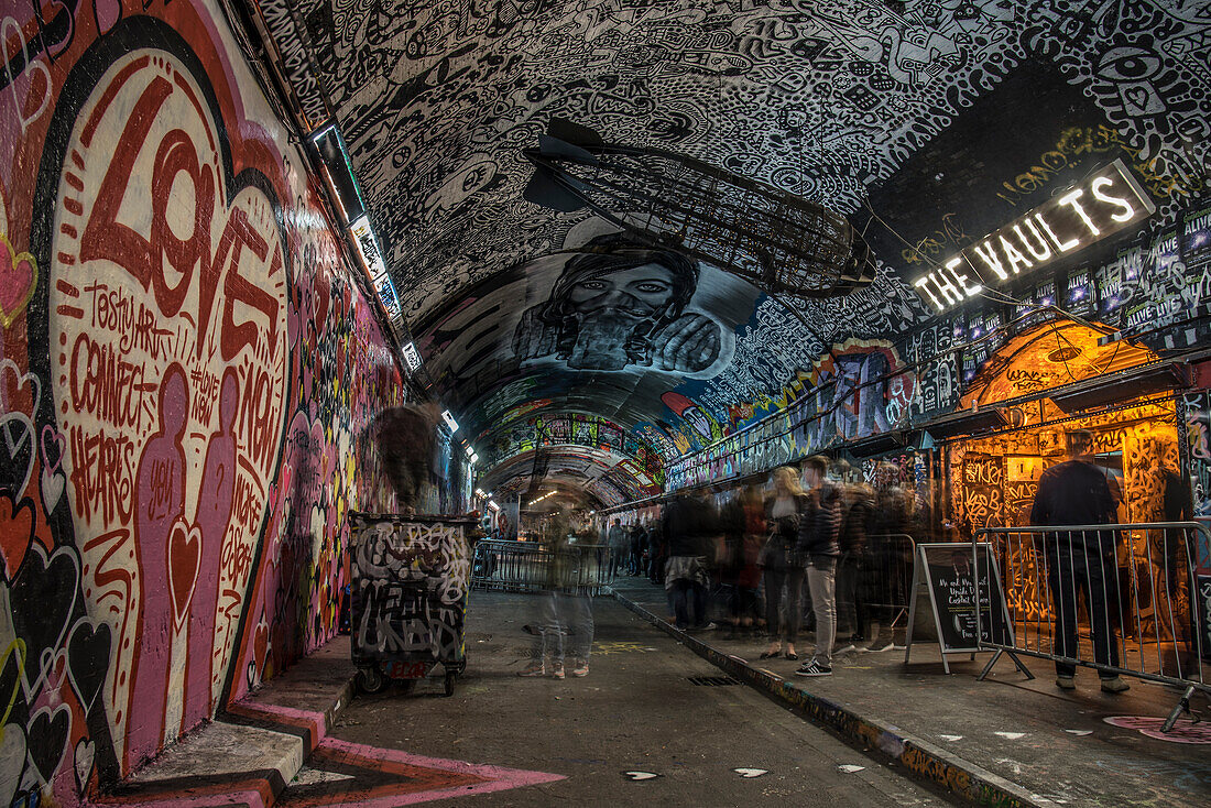 Graffiti Artists and people awaiting a show at The Vaults in the Leake Street Tunnel in London, England, United Kingdom, Europe