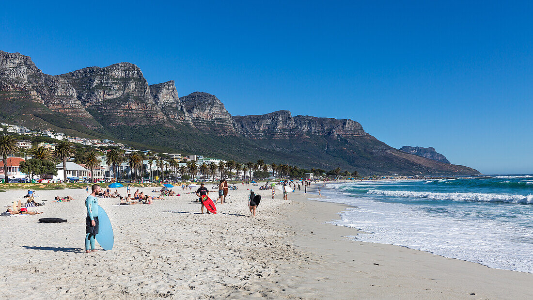 Skimboarders waiting for a wave on a sunny day at Camps Bay beach, Cape Town, Western Cape, South Africa, africa