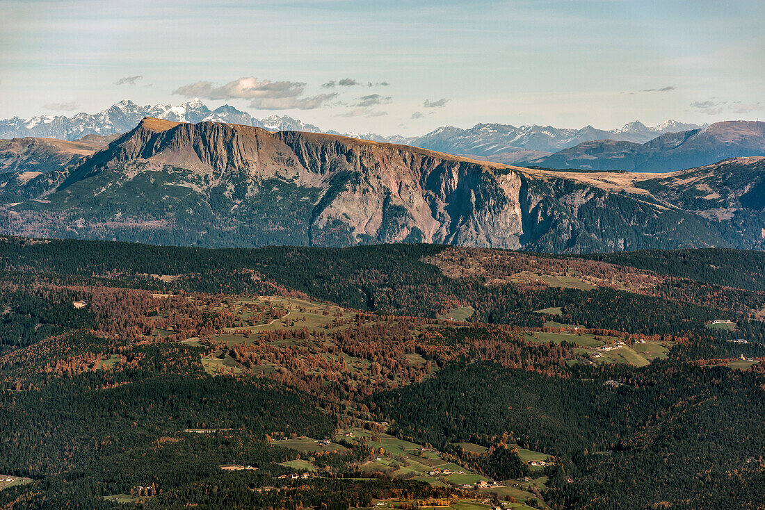Italy, Trentino Alto Adige, Non valley, autumnal view from Luco mountain, you see Villandro mount and in the background see Collalto Mount, Wildgall