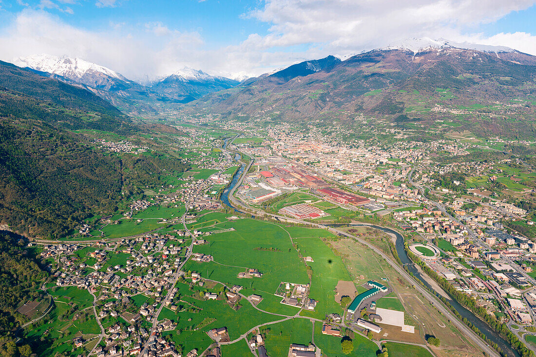 Aerial view of Aosta city, Aosta Valley, Italy, Europe