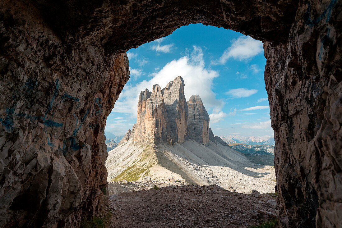 Europe, Italy, Dolomites, Veneto, Belluno, Tre Cime di Lavaredo seen from Trenches of the First World War on Mount Paterno