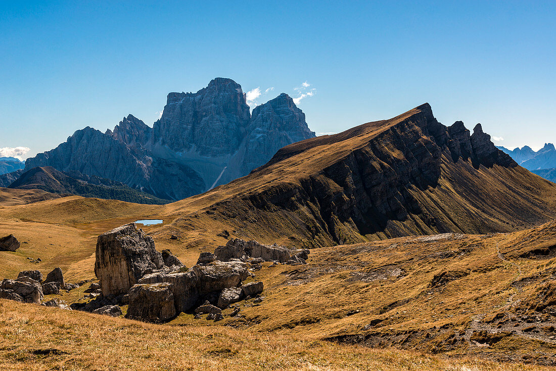 Europe, Italy, Veneto, Belluno, Wide view of  Mondeval  with the mount Corvo Alto and Pelmo in the background, Cadore, Dolomites