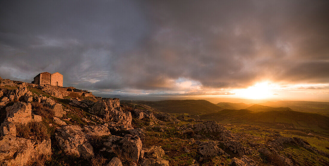 Panoramic sunset on Bonaria church, Osilo, sassari province, sardinia, italy, europe