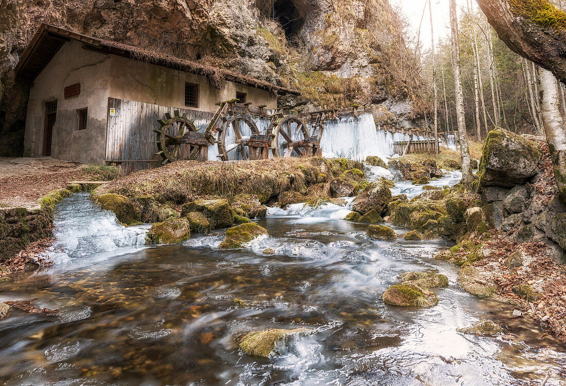 Italy, trentino south Tyrol, Non Valley, mill of smeraldo lake with frozen water