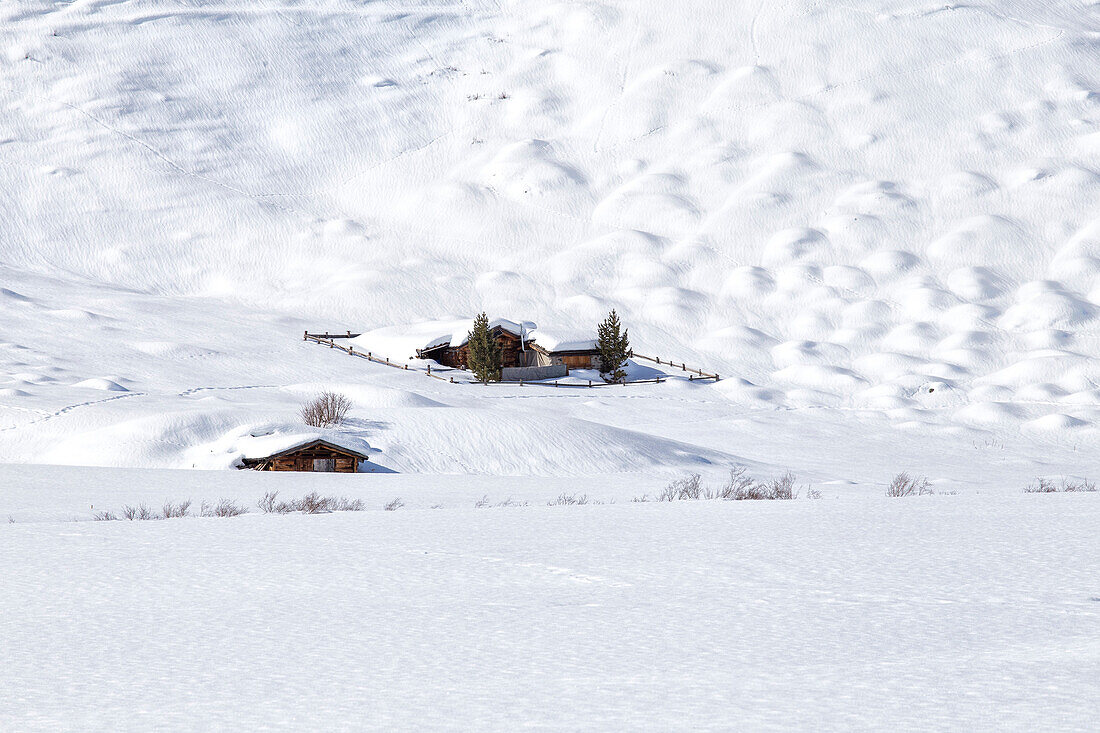 Small isolated huts in the winter landscape of Sertigtal, Sertig Dorfli, Sertigtal, Graubuenden, Canton Grigioni, Prattigau, Prattigovia, Davos, Switzerland, Europe