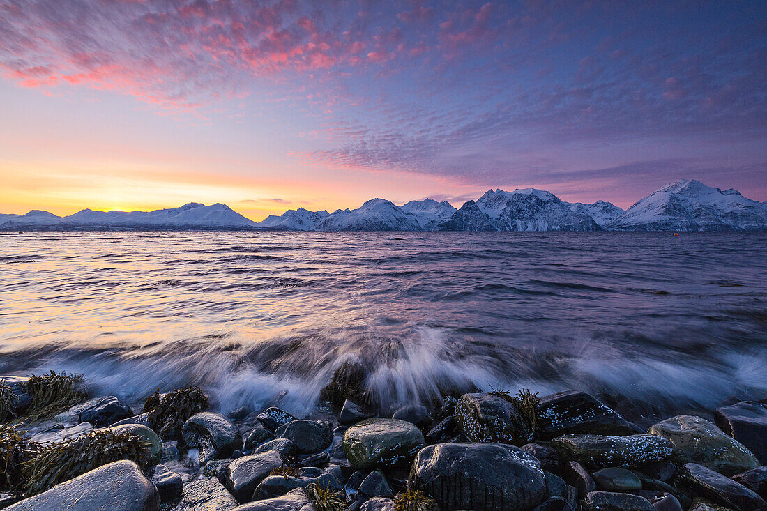 The waves breaking on the stones beach during sunset, Nordmannvik, Kafjord, Lyngen Alps, Troms, Norway, Lapland, Europe