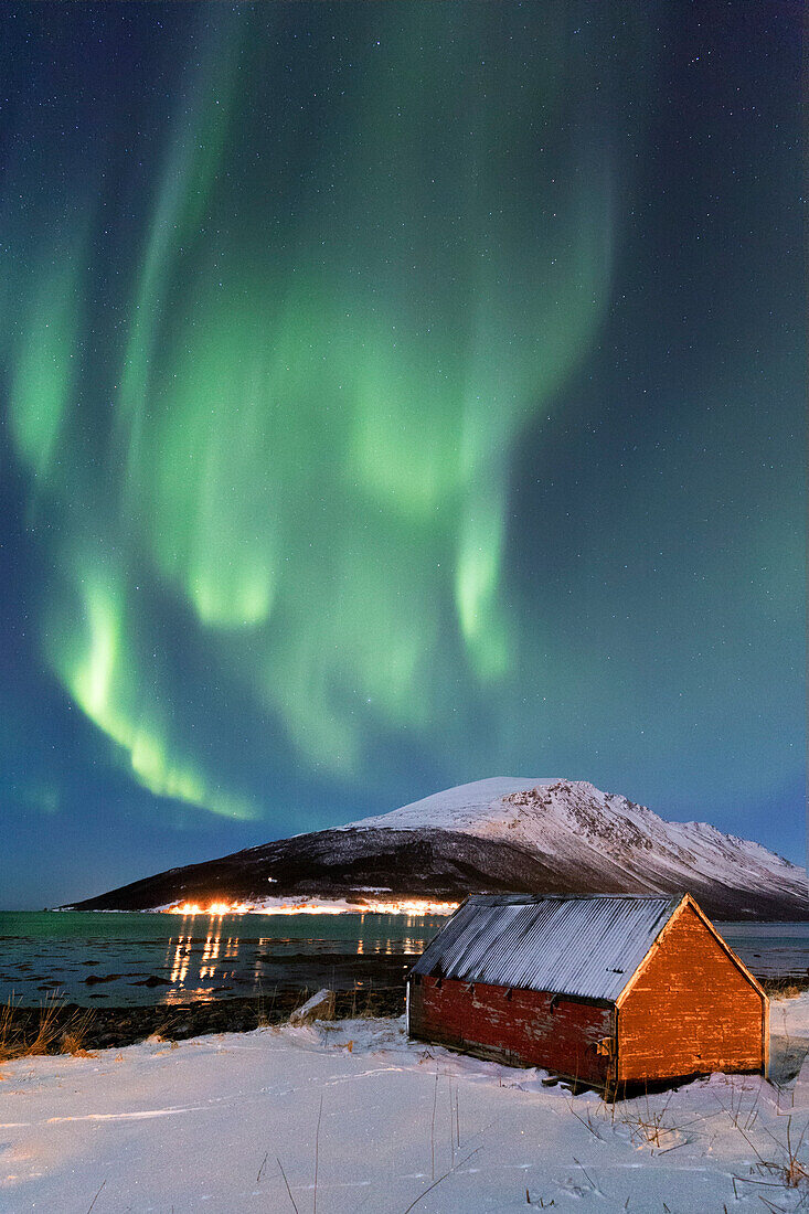 The Northern Lights paints the sky above the Nature Reserve Spaknesora, Spaknesora naturreservat, Djupvik, Lyngenfjord, Lyngen Alps, Troms, Norway, Lapland, Europe