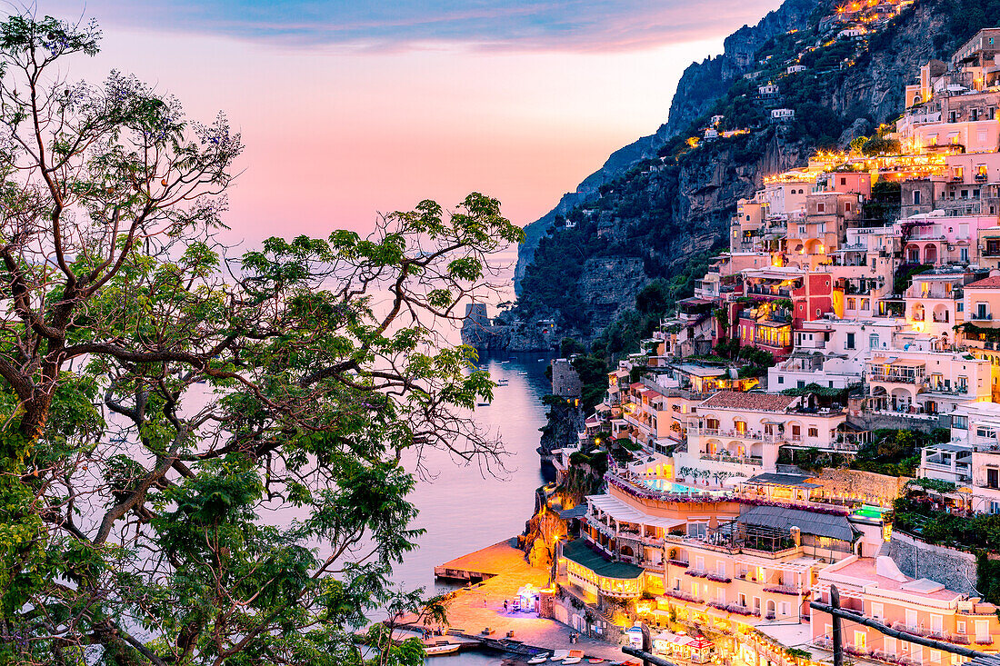 Positano, Amalfi Coast, Campania, Sorrento, Italy, View of the town and the seaside in a summer sunset