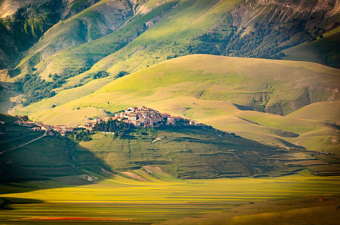 Castelluccio di Norcia, Umbria, Italy, View of the town from the valley