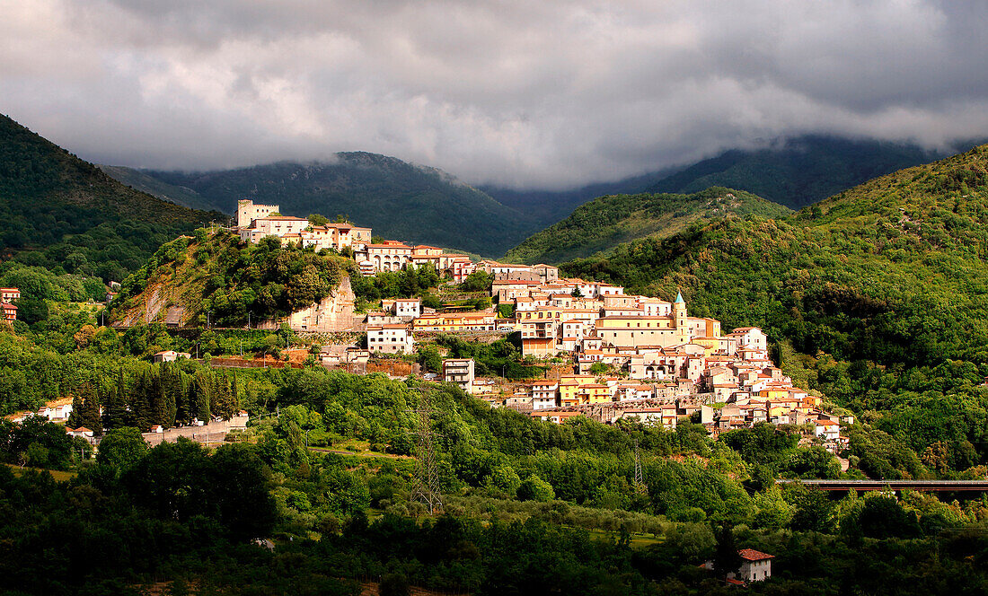 View of Viggianello village from countryside, Potenza district, Basilicata, Italy