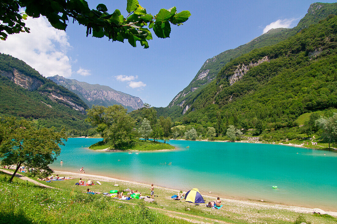 Tenno lake in Trentino during summer touristic season