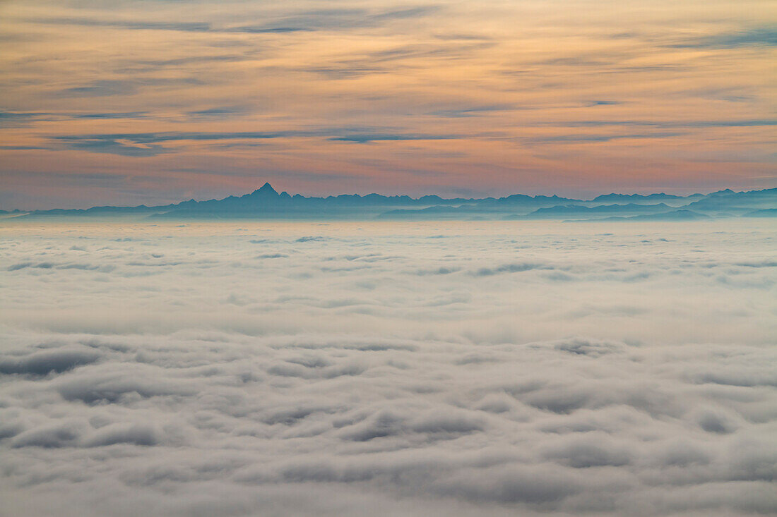 View of Monviso from Bielmonte with sea clouds , Bielmonte, Veglio, Biella province, Piedmont, Italy, Europe