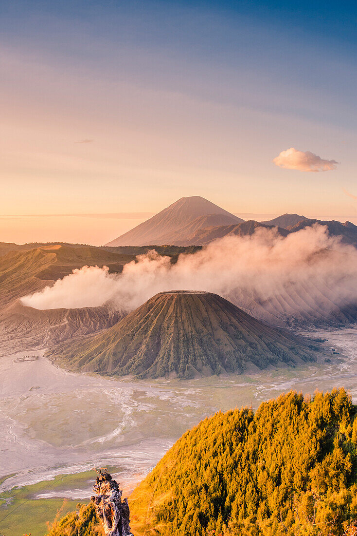 Java, Indonesia, South East Asia, High angle view of Mount Bromo at sunrise