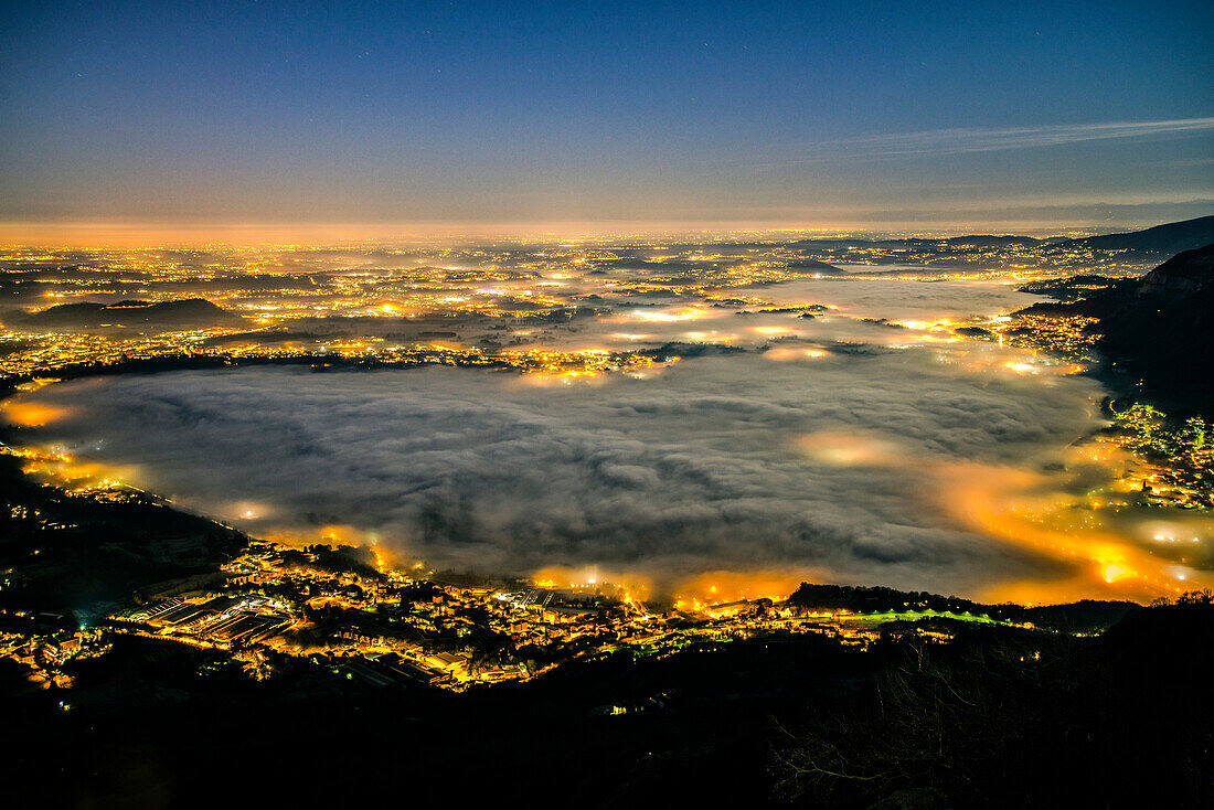 A heart of fog over Oggiono and Pusiano Lake, Barro Mount, Oggiono, Lecco province, Lombardy, Italy, Europe