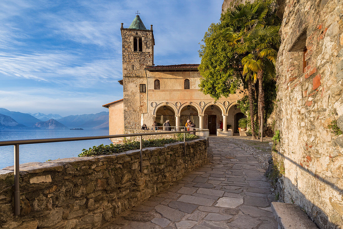 Golden hour at Santa Caterina del Sasso Ballaro monastery, overlooking Lake Maggiore, Leggiuno, Varese Province, Lombardy, Italy