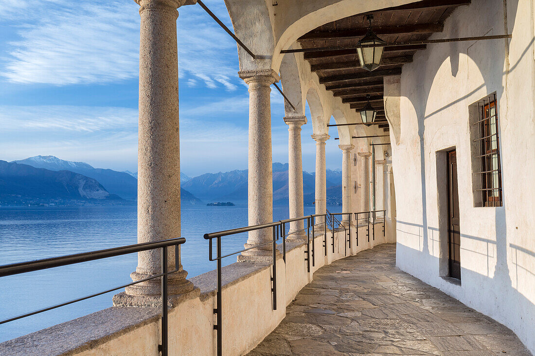 The walkway over Lake Maggiore at Santa Caterina del Sasso Ballaro monastery, Leggiuno, Lago Maggiore, Varese Province, Lombardy, Italy