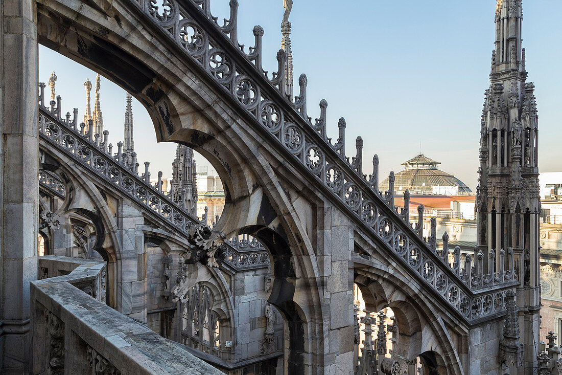 On the rooftop of the Duomo di Milano, among the white marble spiers, Milano, Lombardy, Italy