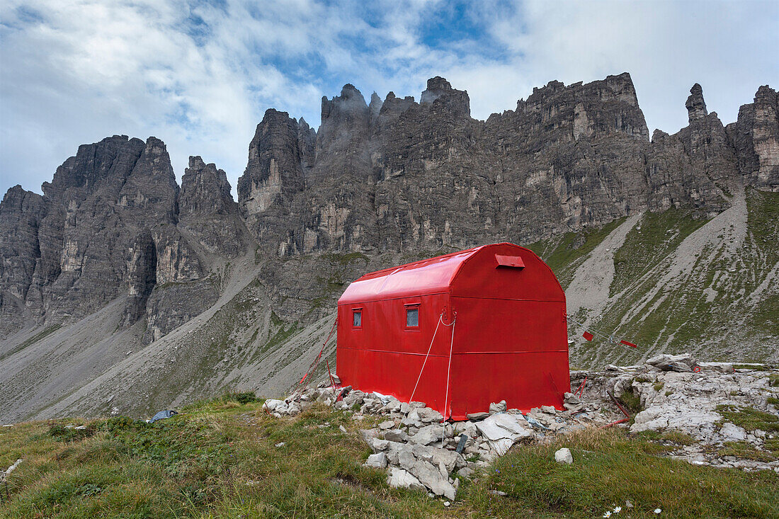 Europe, Italy, Friuli Pordenone, The bivouac Granzotto - Marchi in Val Monfalcon Forni towards the Cresta del Leone, Oltrepiave Dolomites