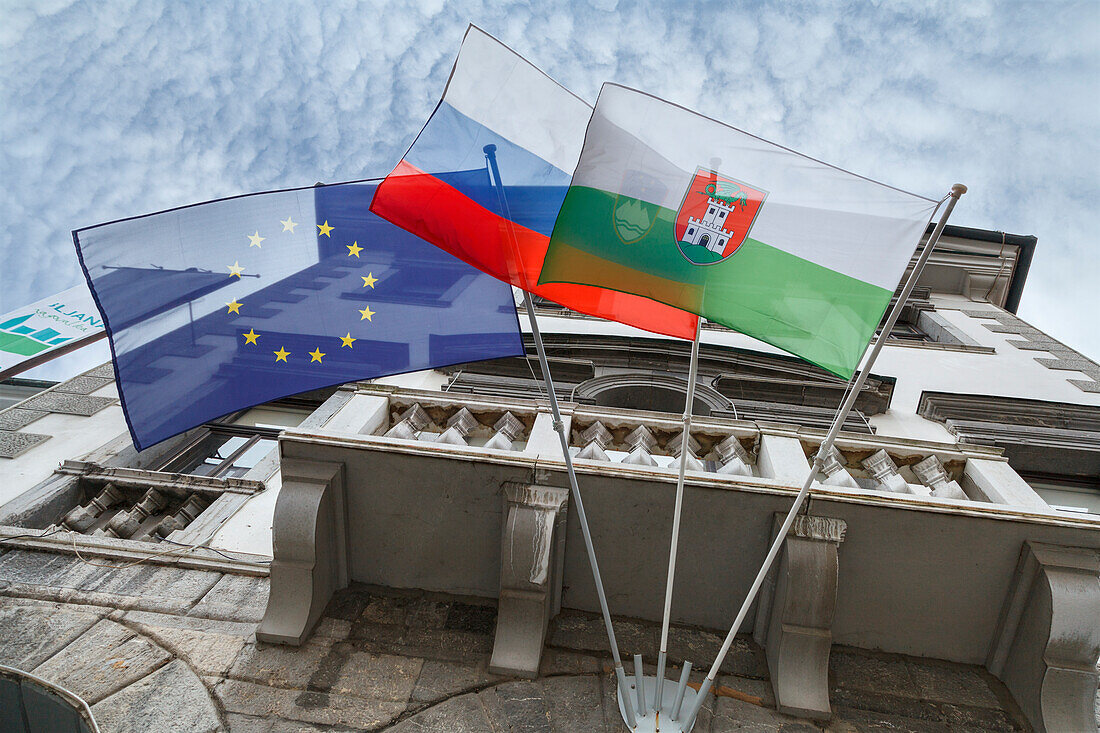 Europe, Slovenia, Ljubjana, Flags of Europe, Slovenia and Ljubjana municipality